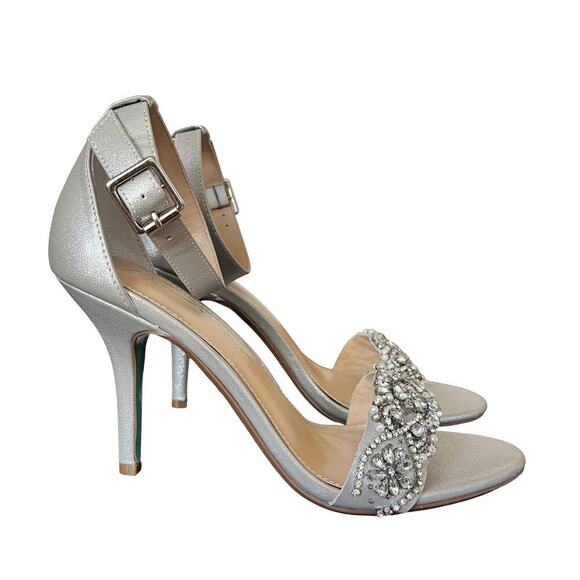 Betsey Johnson Silver Gina Heeled Sandals Size 8 Embellished Stiletto Heels EUC - Picture 1 of 12